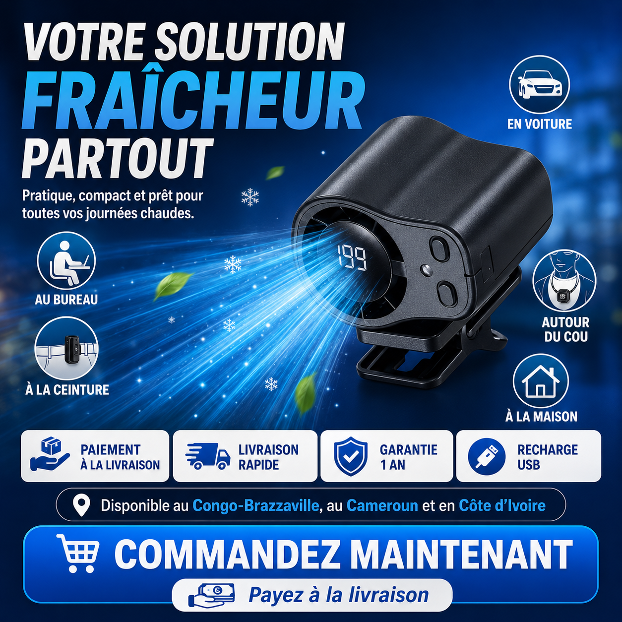 Ventilateur Turbo Mains Libres – Rechargeable & Ultra-puissant