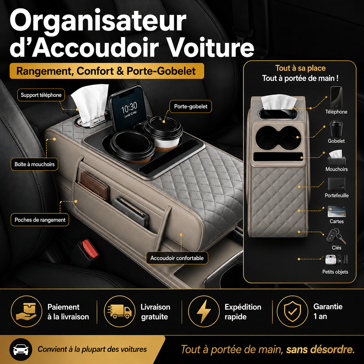 Organisateur d’Accoudoir Voiture Multifonction – Noir cmr