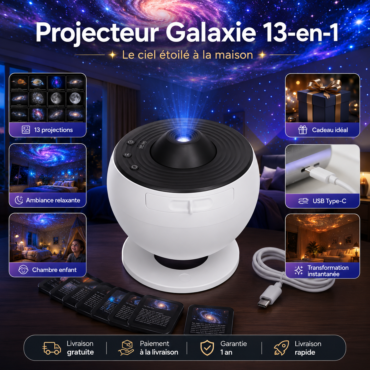Projecteur Galaxie 13-en-1 – Le Ciel Étoilé à la Maison