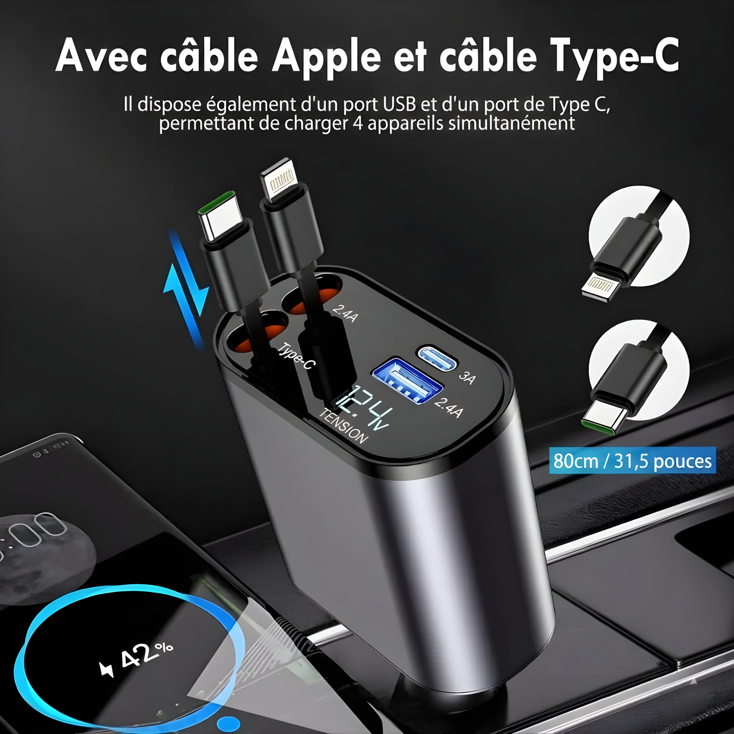 Chargeur de voiture rapide rétractable 120W 4-en-1 | Compatible Type-C et iPhone