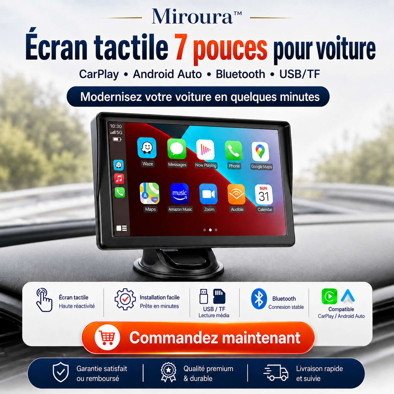 Miroura™ - Écran tactile 7 pouces pour voiture | Bluetooth & USB/TF