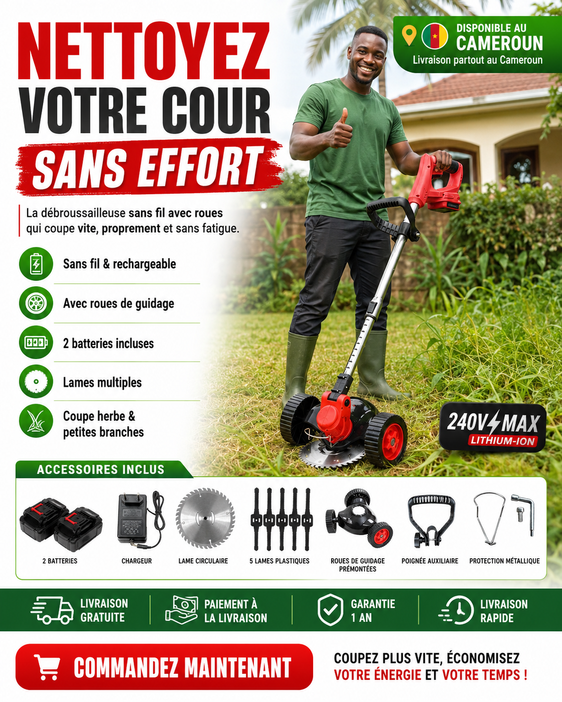 Débroussailleuse 240V avec Roues – Coupez Herbes & Broussailles Sans Effort