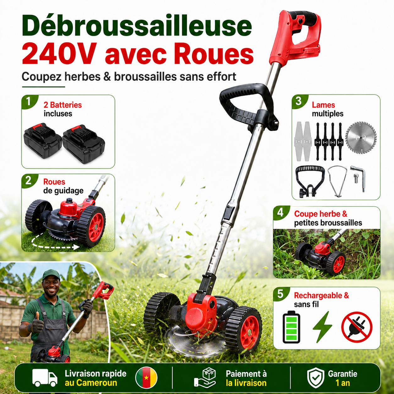 Débroussailleuse 240V avec Roues – Coupez Herbes & Broussailles Sans Effort