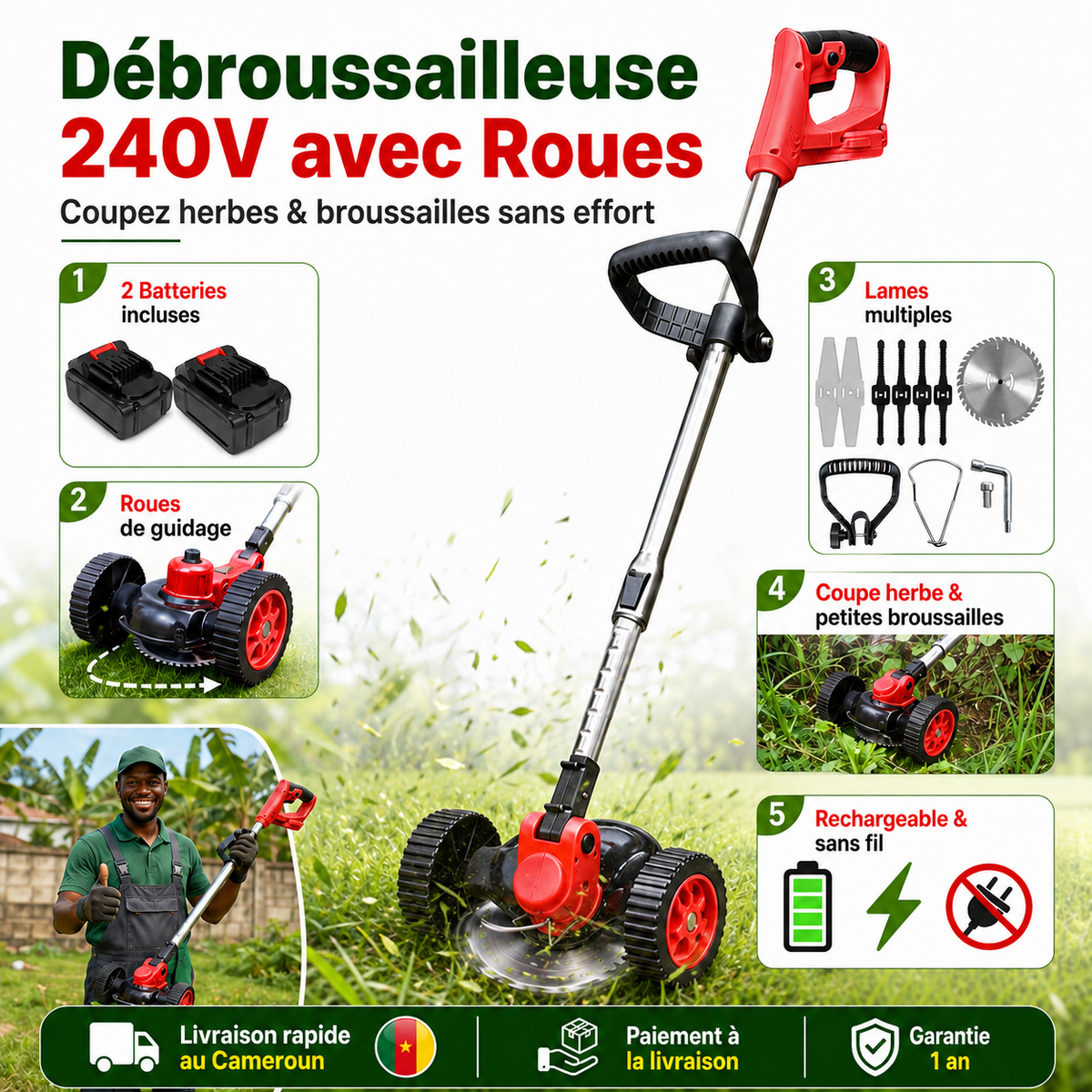 Débroussailleuse 240V avec Roues – Coupez Herbes & Broussailles Sans Effort