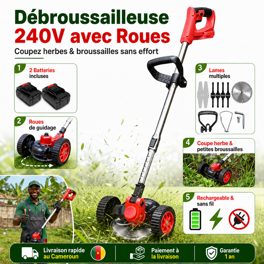 Débroussailleuse 240V avec Roues – Coupez Herbes & Broussailles Sans Effort
