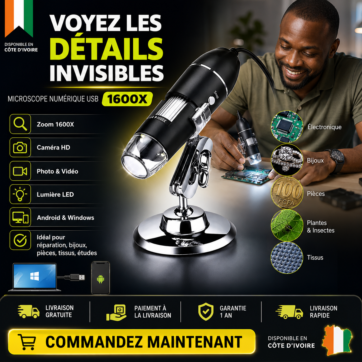 Microscope USB 1600X – Voyez l’Invisible en Grand