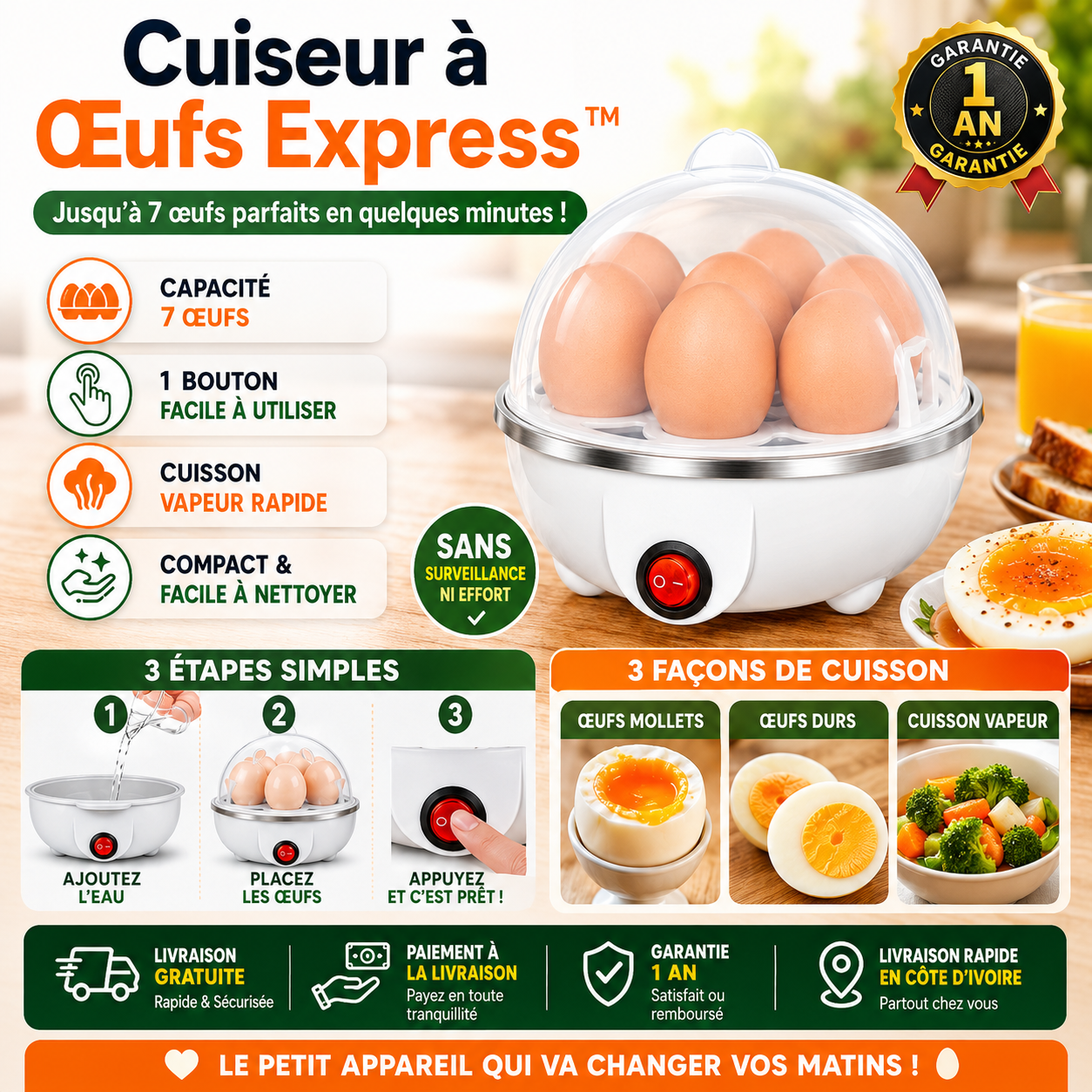 Cuiseur à Œufs Express™ – Jusqu’à 7 Œufs Parfaits en Quelques Minutes