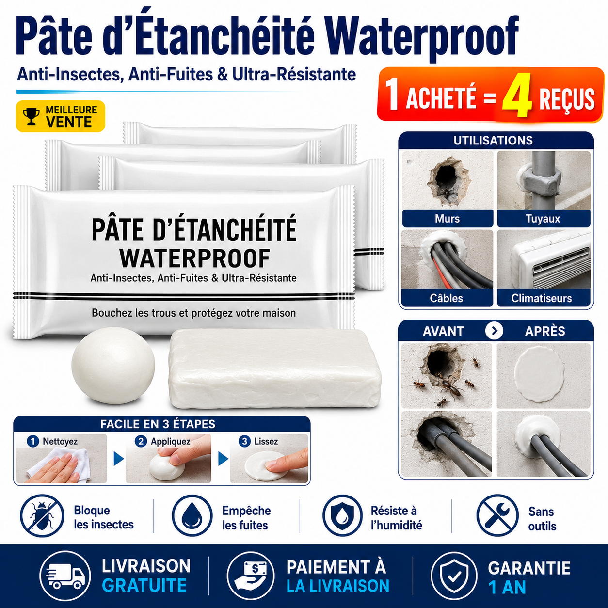 Pâte d’Étanchéité Waterproof – Anti-Insectes, Anti-Fuites & Ultra-Résistante