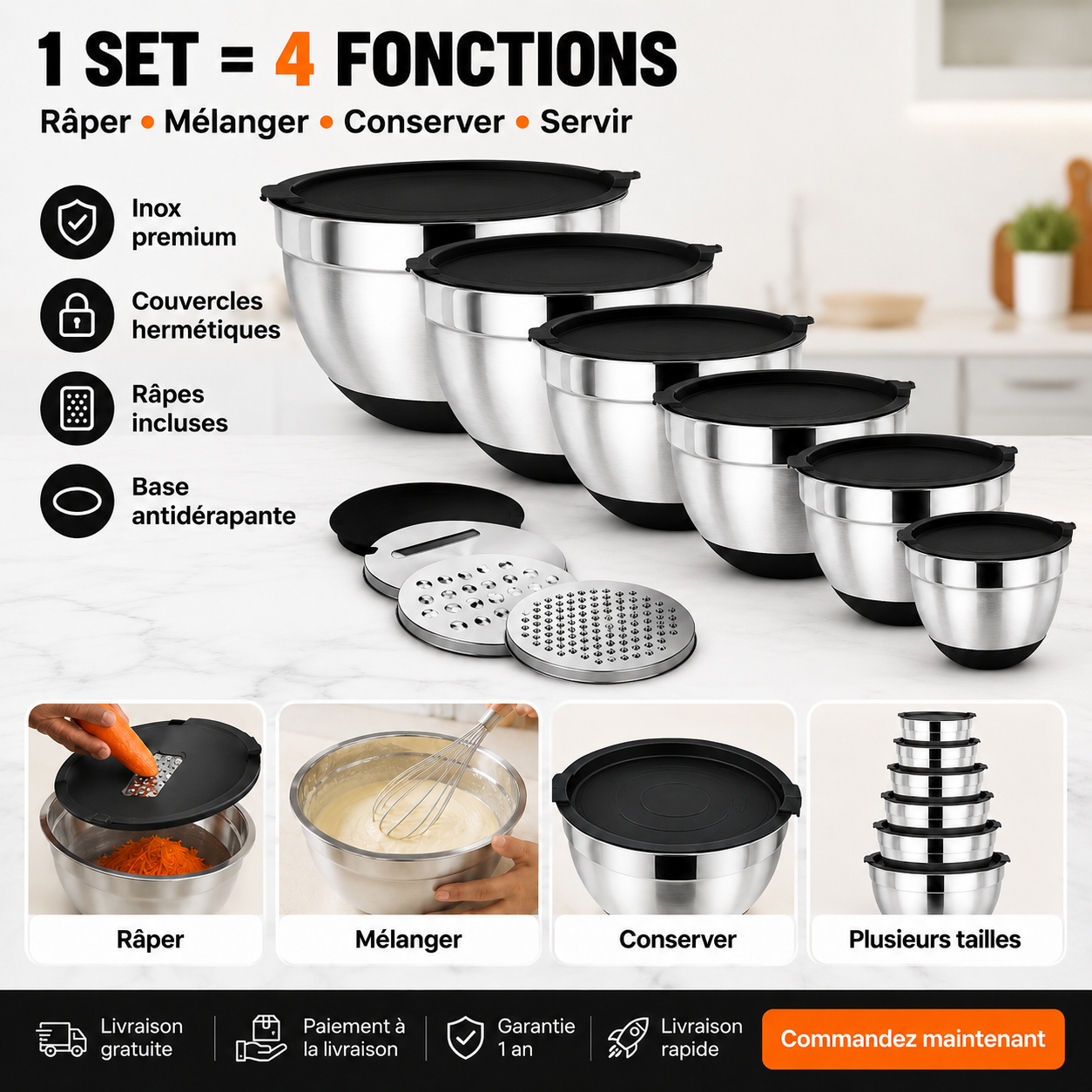 Set Bols Inox 6-en-1 – Fini le Désordre en Cuisine