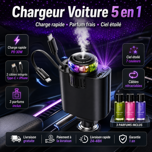 Chargeur Voiture 5-en-1 Ultra Rapide, Parfum Frais & Ciel Étoilé