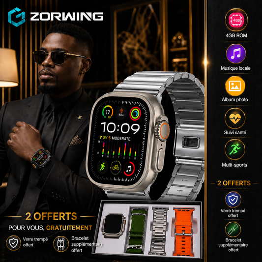 Montre Connectée Homme Luxe – Appels, WhatsApp, Suivi Santé + 2 Bracelets Offerts