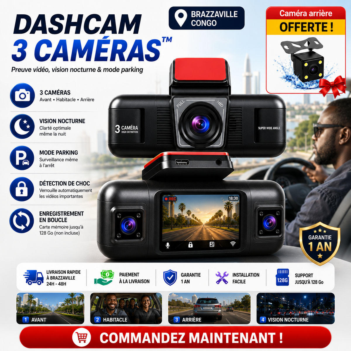 Dashcam 3 Caméras™ – Preuve Vidéo, Vision Nocturne + Caméra Arrière Offerte