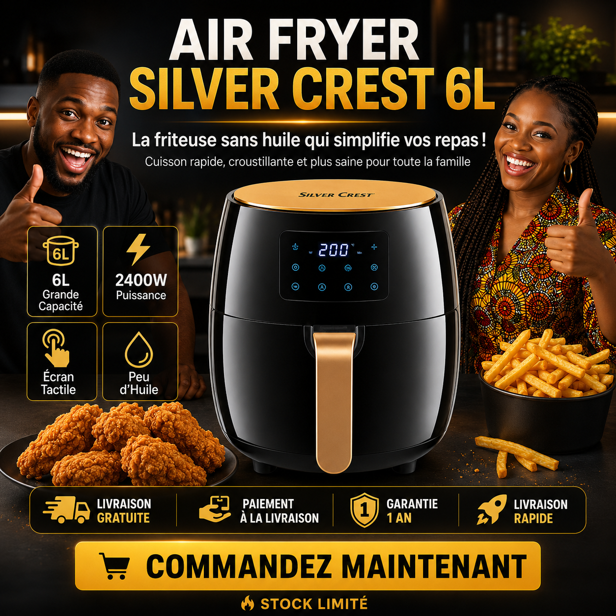 Friteuse à Air Chaud 6L 2400W – Cuisson Saine, Rapide & Ultra-puissante