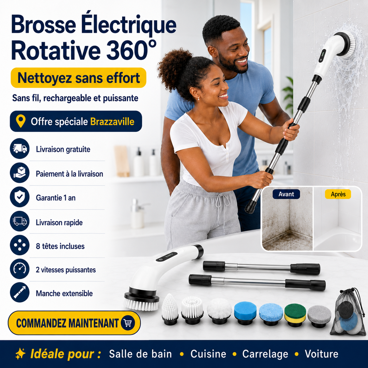 Brosse Électrique 360° Sans Fil – Avec 8 Têtes Incluses