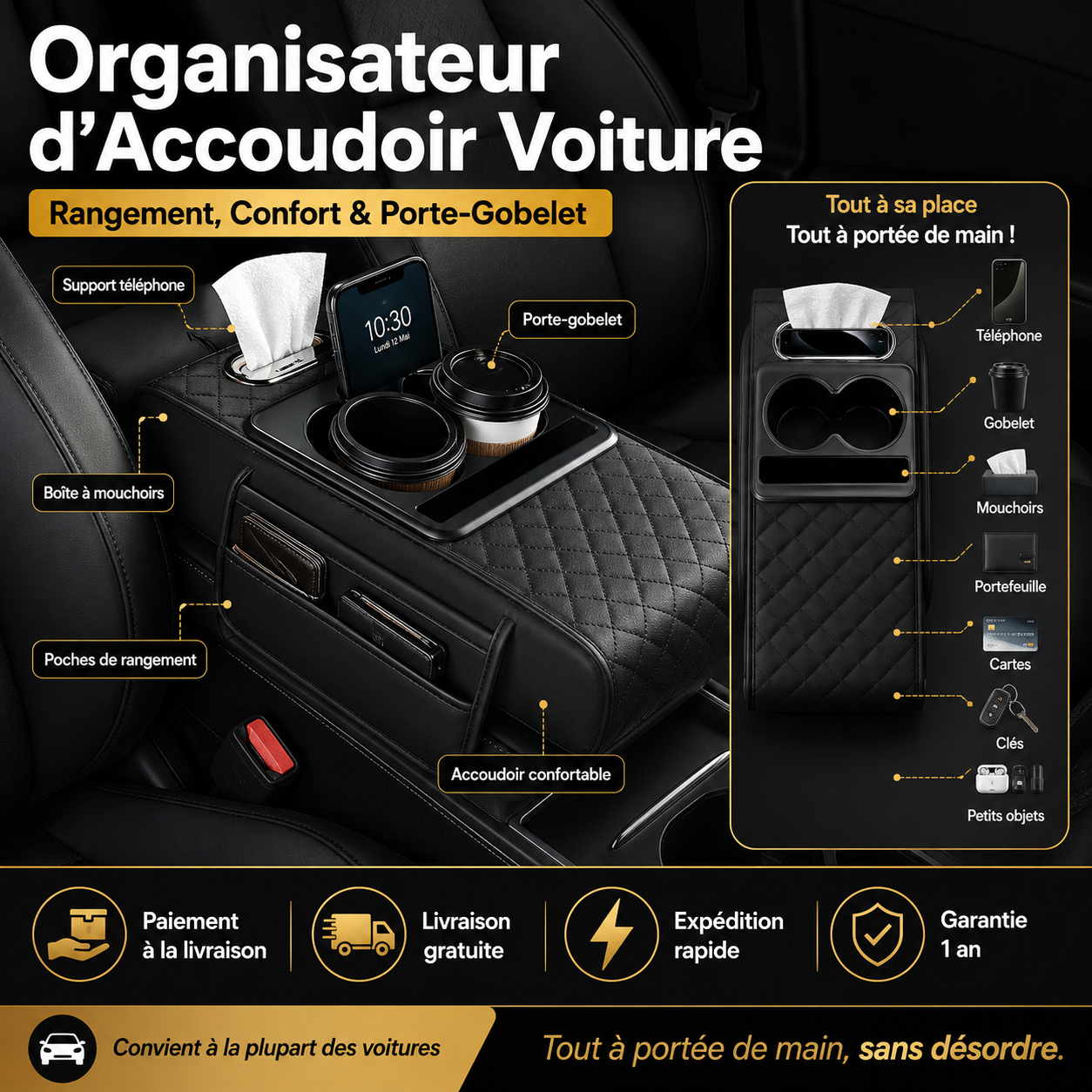 Organisateur d’Accoudoir Voiture Multifonction – Noir