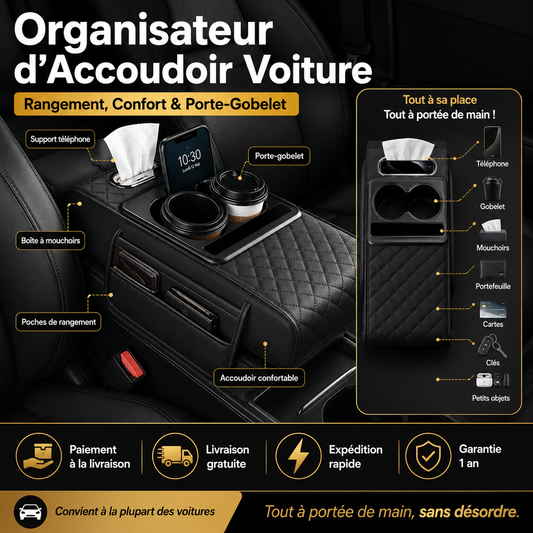 Organisateur d’Accoudoir Voiture Multifonction – Noir
