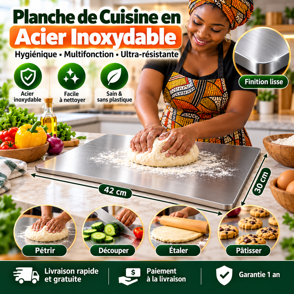 Planche de Cuisine en Acier Inoxydable – Hygiénique, Multifonction & Ultra-Résistante