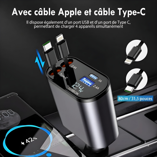Chargeur de voiture rapide rétractable 120W 4-en-1 | Compatible Type-C et iPhone